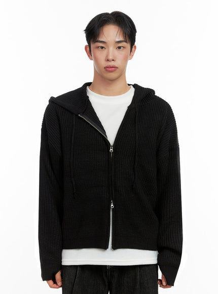 mens-double-zip-hooded-sweater-in426 / Black