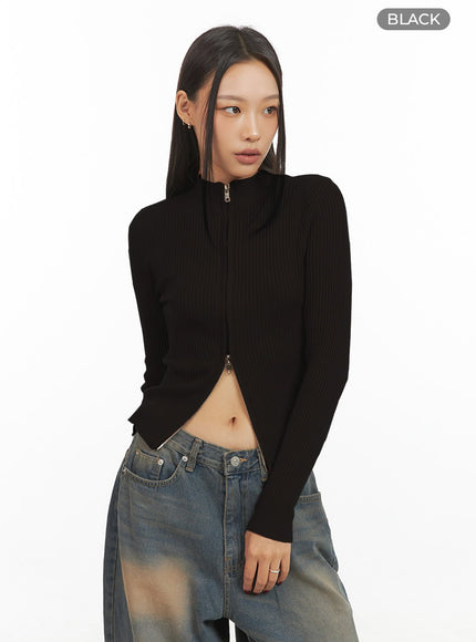 ribbed-two-way-zip-up-top-is427 / Black