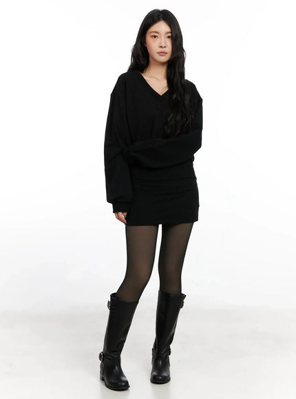 v-neck-sweatshirt-mini-dress-in528 / Black
