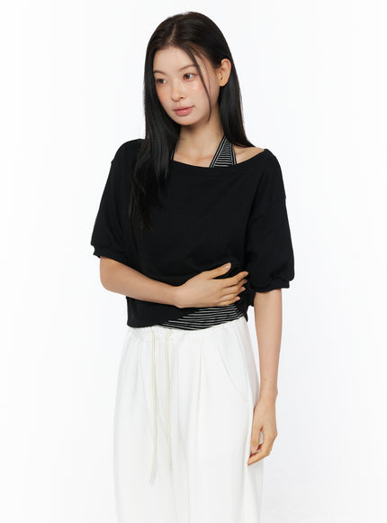 stripe-halter-neck-short-sleeve-set-iu516 / Black