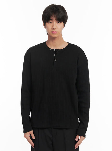 mens-ribbed-buttoned-long-sleeve-shirt-ia511 / Black