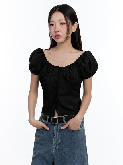off-shoulder-puff-sleeve-crop-top-iu509 / Black