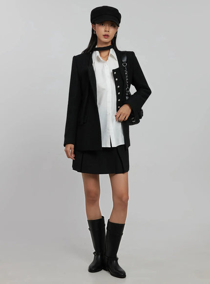 tweed-square-neck-jacket-scarf-set-ij508 / Black