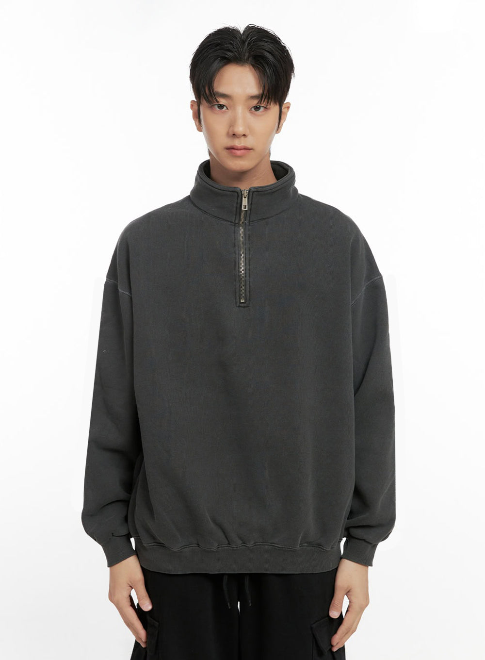 mens-washed-cotton-half-zip-crewneck-id406 / Black