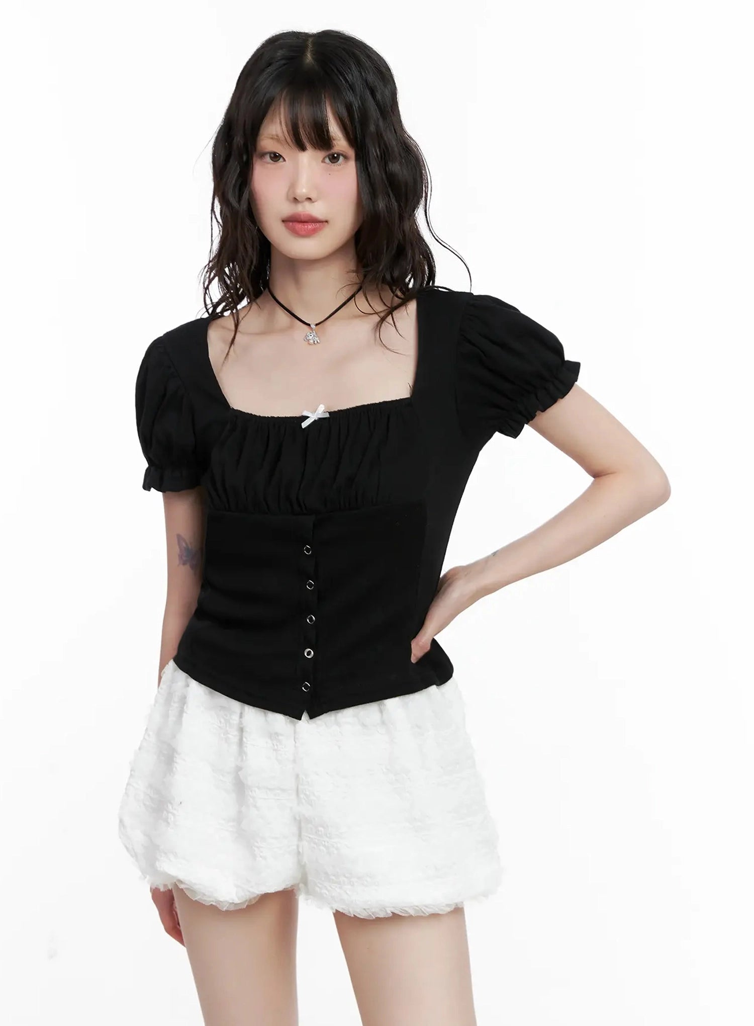 ribbon-detail-puff-sleeve-top-il528 / Black