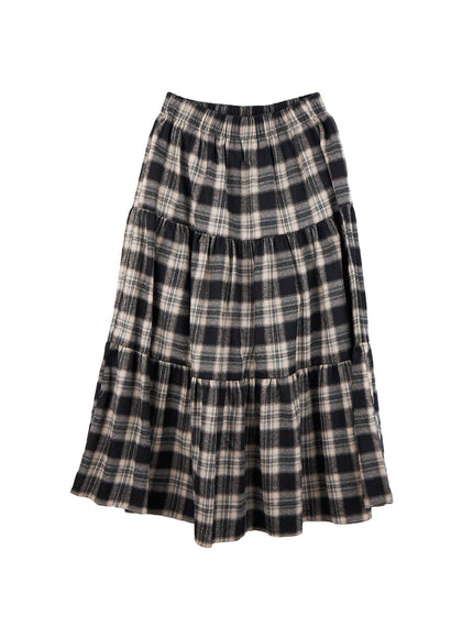 cotton-check-print-maxi-skirt-in415 / Black