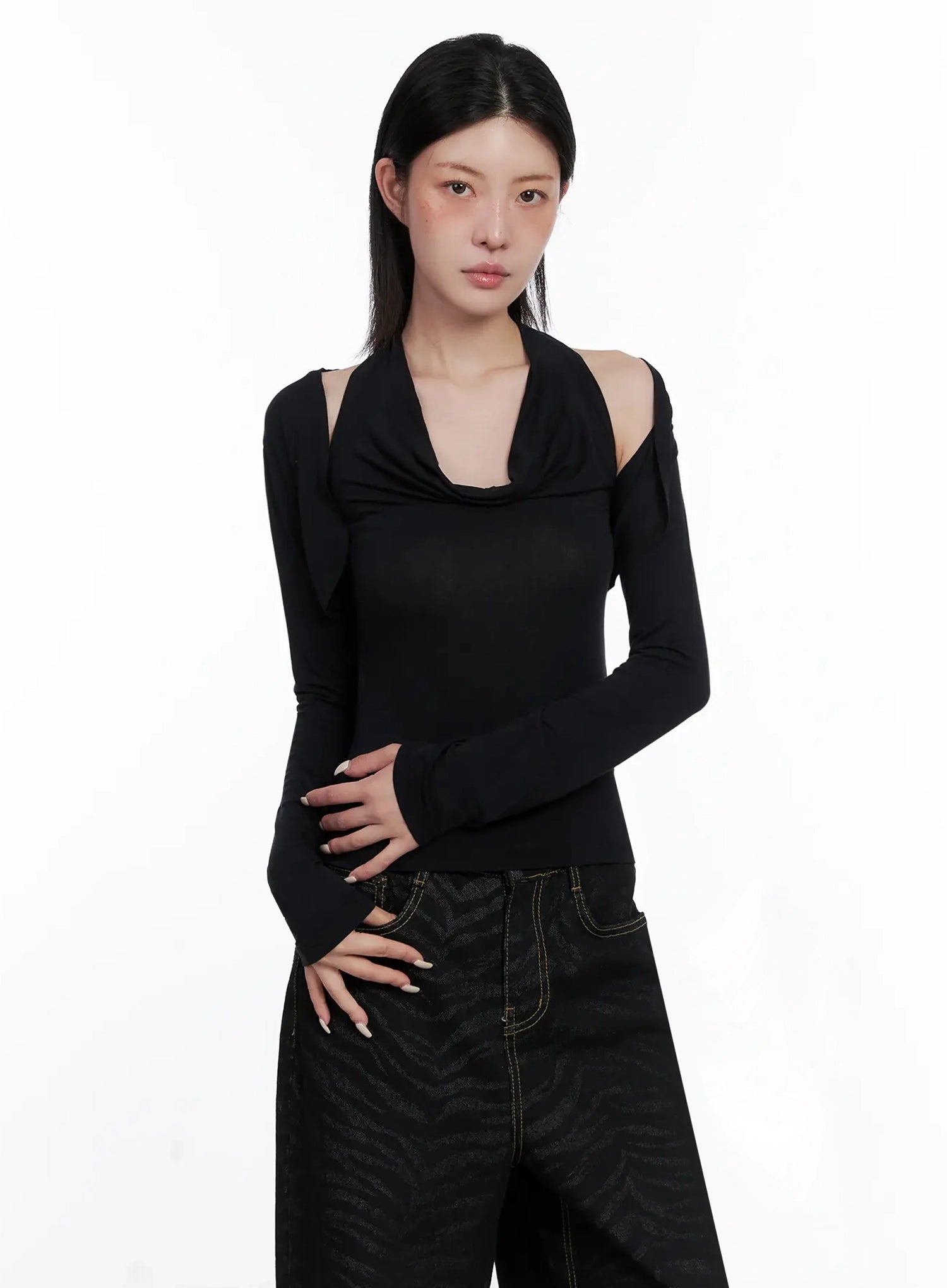 cowl-neck-top-bolero-set-is508 / Black