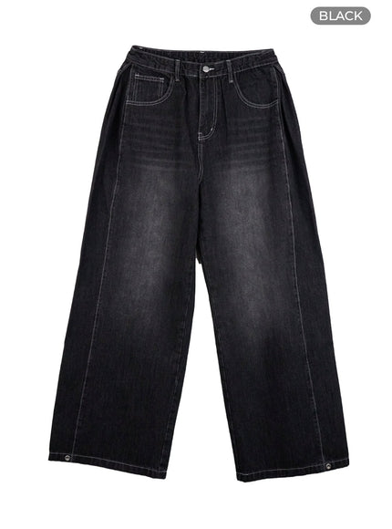 mens-denim-pintuck-washed-wide-leg-fit-jeans-io402 / Black