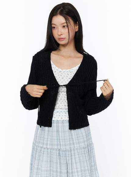 ribbed-knit-ribbon-bolero-cardigan-iu519 / Black