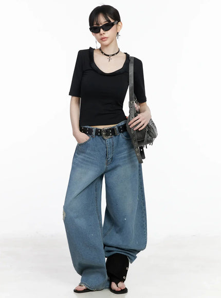 fringe-trim-short-sleeve-top-iy501 / Black