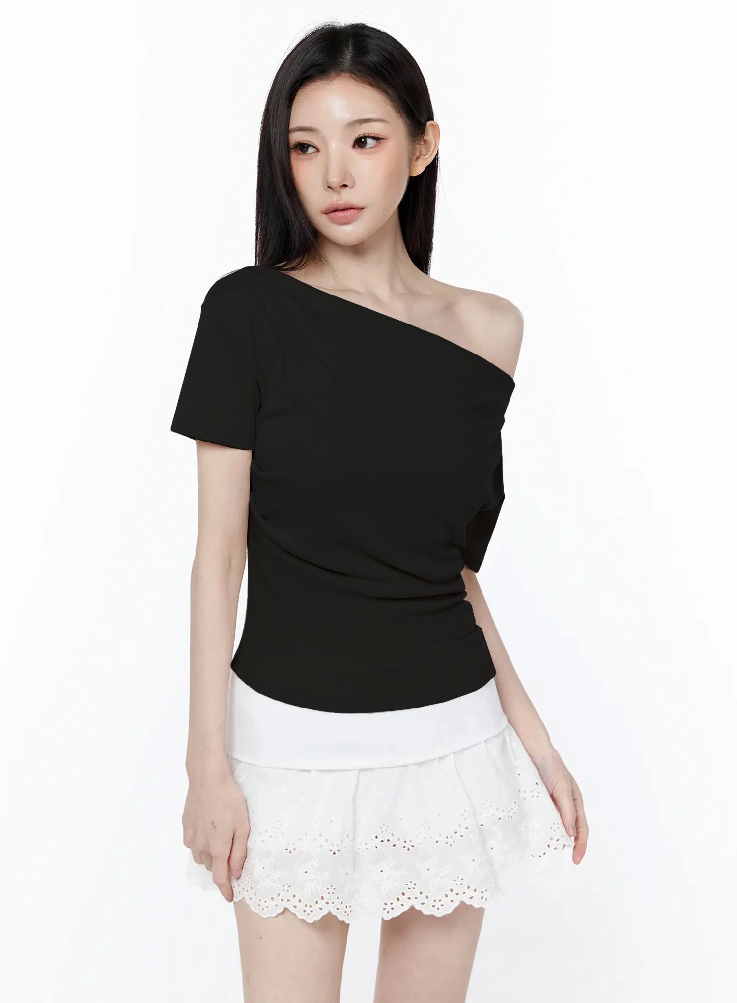 draped-one-shoulder-shirred-top-iu512 / Black