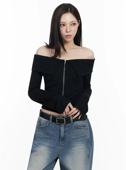 ribbed-off-shoulder-zip-up-tee-ij528 / Black