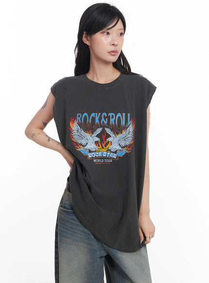 rock-roll-graphic-sleeveless-top-ic503 / Black