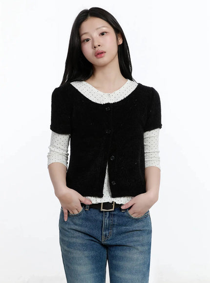 textured-knit-shoulder-puff-short-sleevecardigan-im513 / Black