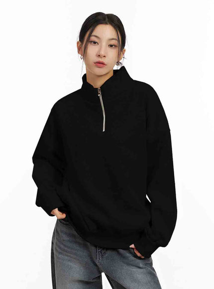 loose-fit-half-zip-sweatshirt-ij503 / Black