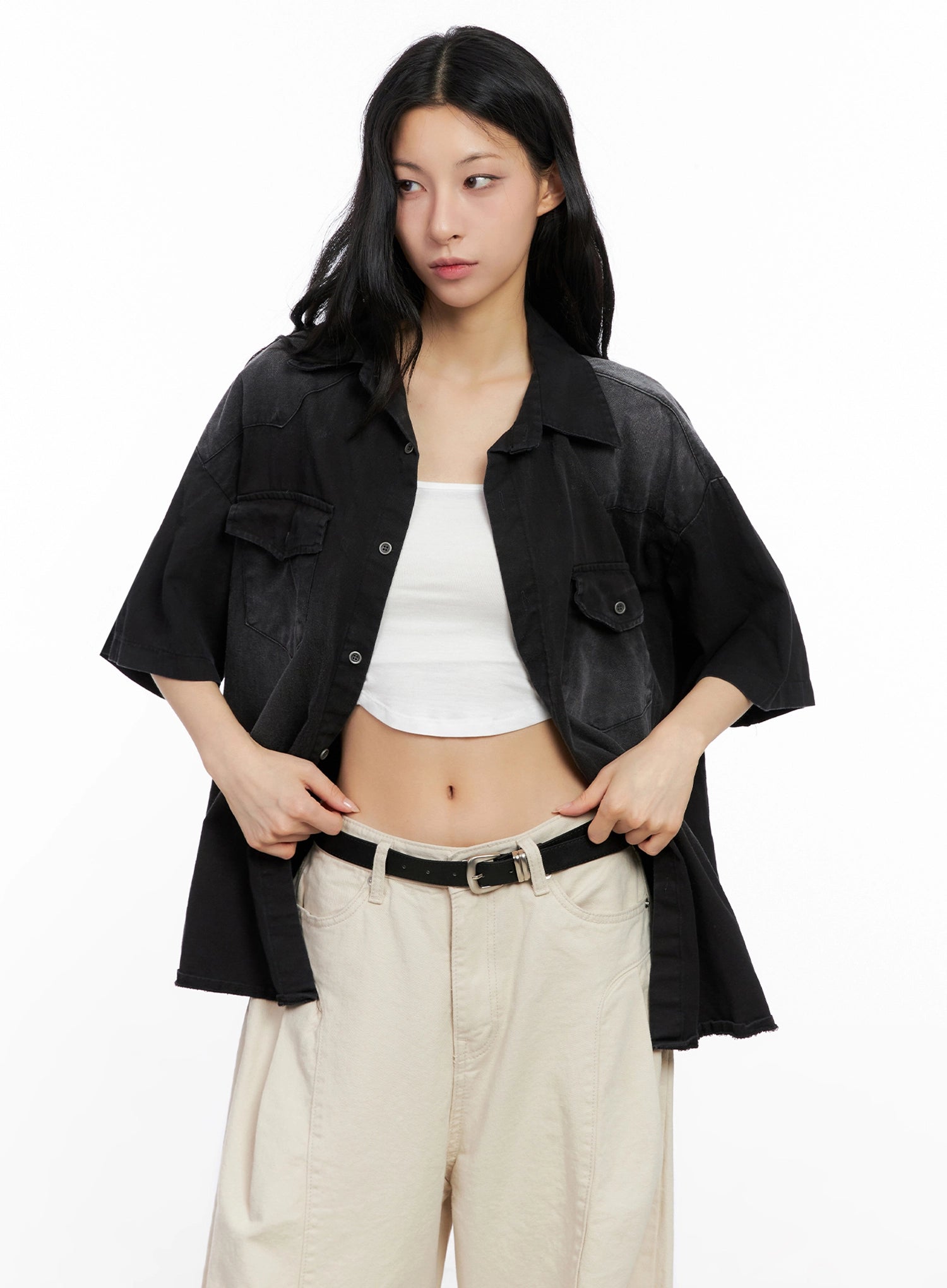 washed-short-sleeve-button-up-shirt-ig508 / Black