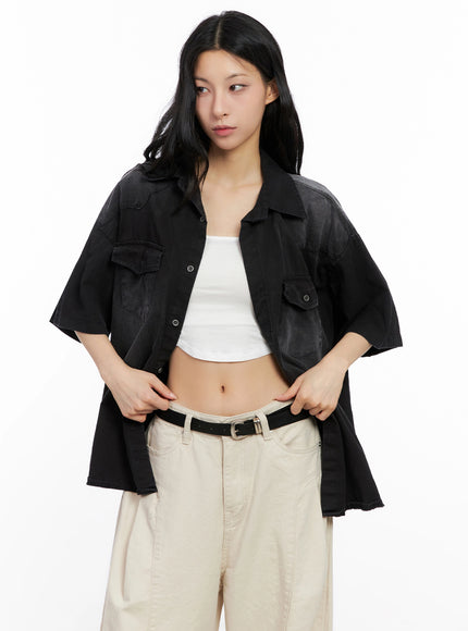 washed-short-sleeve-button-up-shirt-ig508 / Black