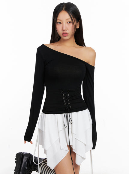 off-shoulder-lace-up-corset-blouse-ig528 / Black