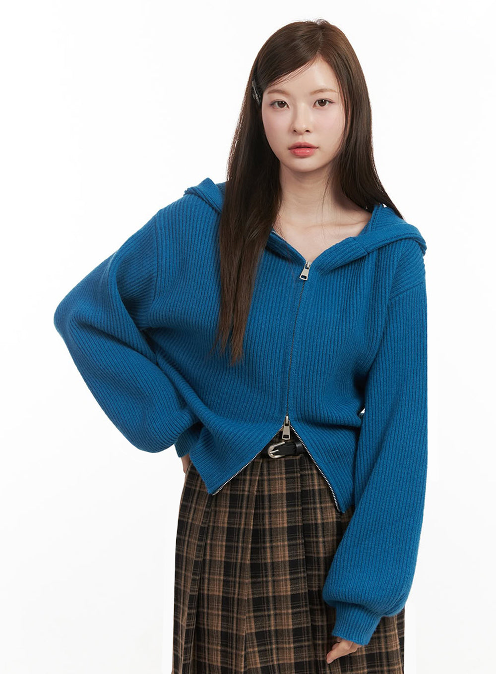 cozy-zip-up-hooded-cardigan-ij527 / Blue