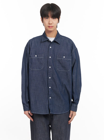 mens-stitched-button-up-denim-shirt-ia510 / Blue