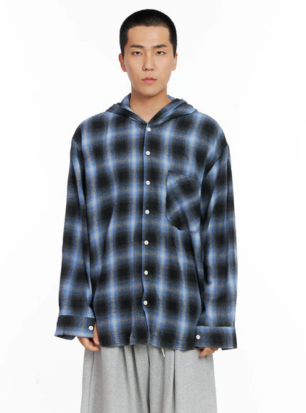 mens-plaid-flannel-hooded-shirt-ig529 / Blue