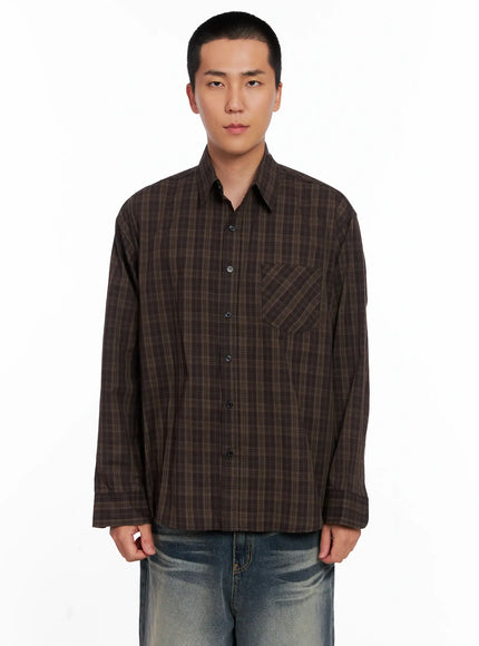 mens-checkered-button-up-shirt-is510 / Brown