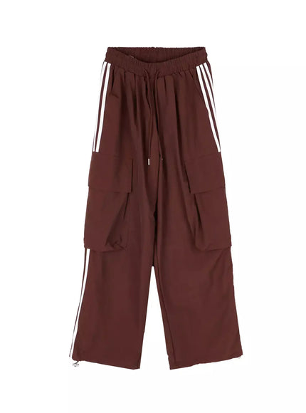 wide-leg-striped-nylon-cargo-pants-iu512 / Brown