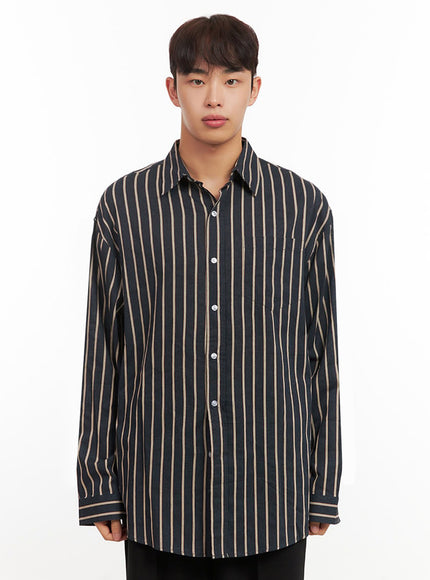 mens-oversized-stripe-collared-button-up-shirt-if521 / Dark blue