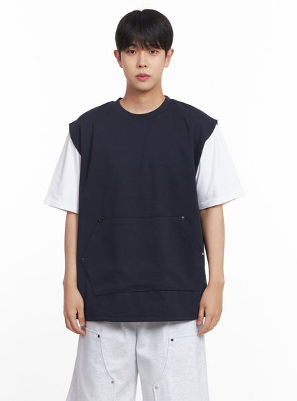 mens-loose-fit-cotton-pocketed-vest-iy522 / Dark blue