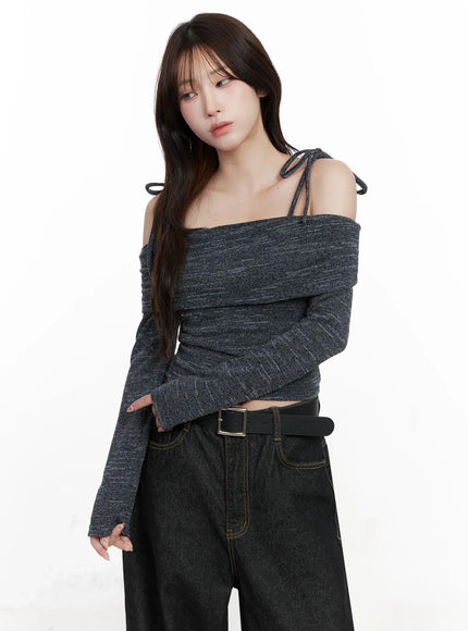 knit-ribbon-strap-off-shoulder-top-in514 / Dark blue