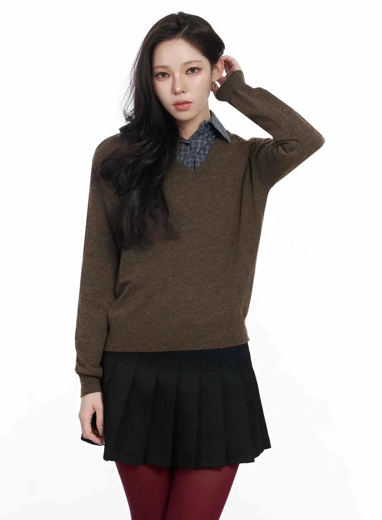 simple-cashmere-v-neck-knit-ij528 / Dark brown