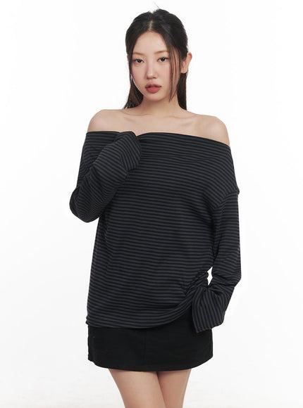 stripe-long-sleeve-off-shoulder-top-im524 / Dark gray