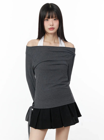 halter-layered-off-shoulder-long-sleeve-f517 / Dark gray