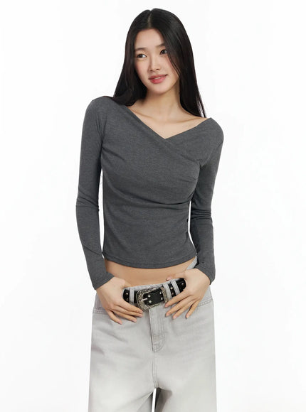 draped-v-neck-long-sleeve-top-ia508 / Dark gray