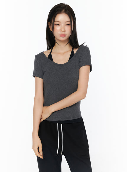 layered-halter-neck-short-sleeve-top-iu516 / Dark gray