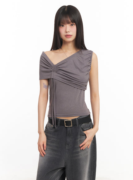 ribbon-one-shoulder-crop-top-ia528 / Dark gray