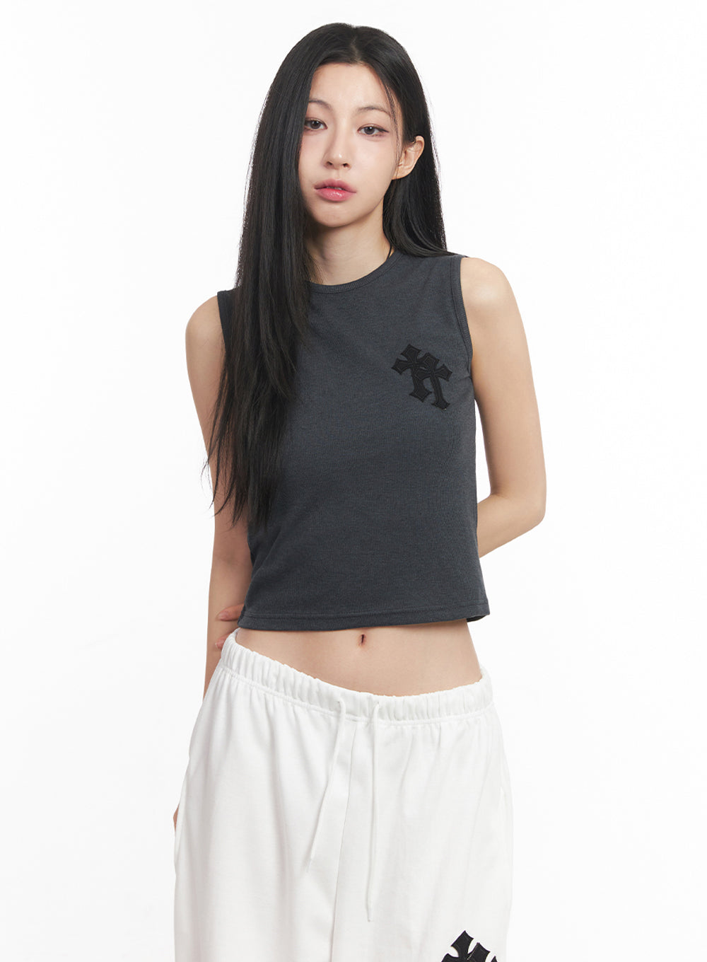 patched-chic-sleeveless-top-iy516 / Dark gray