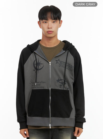 mens-mixed-color-graphic-zip-up-cotton-hoodie-is420 / Dark gray