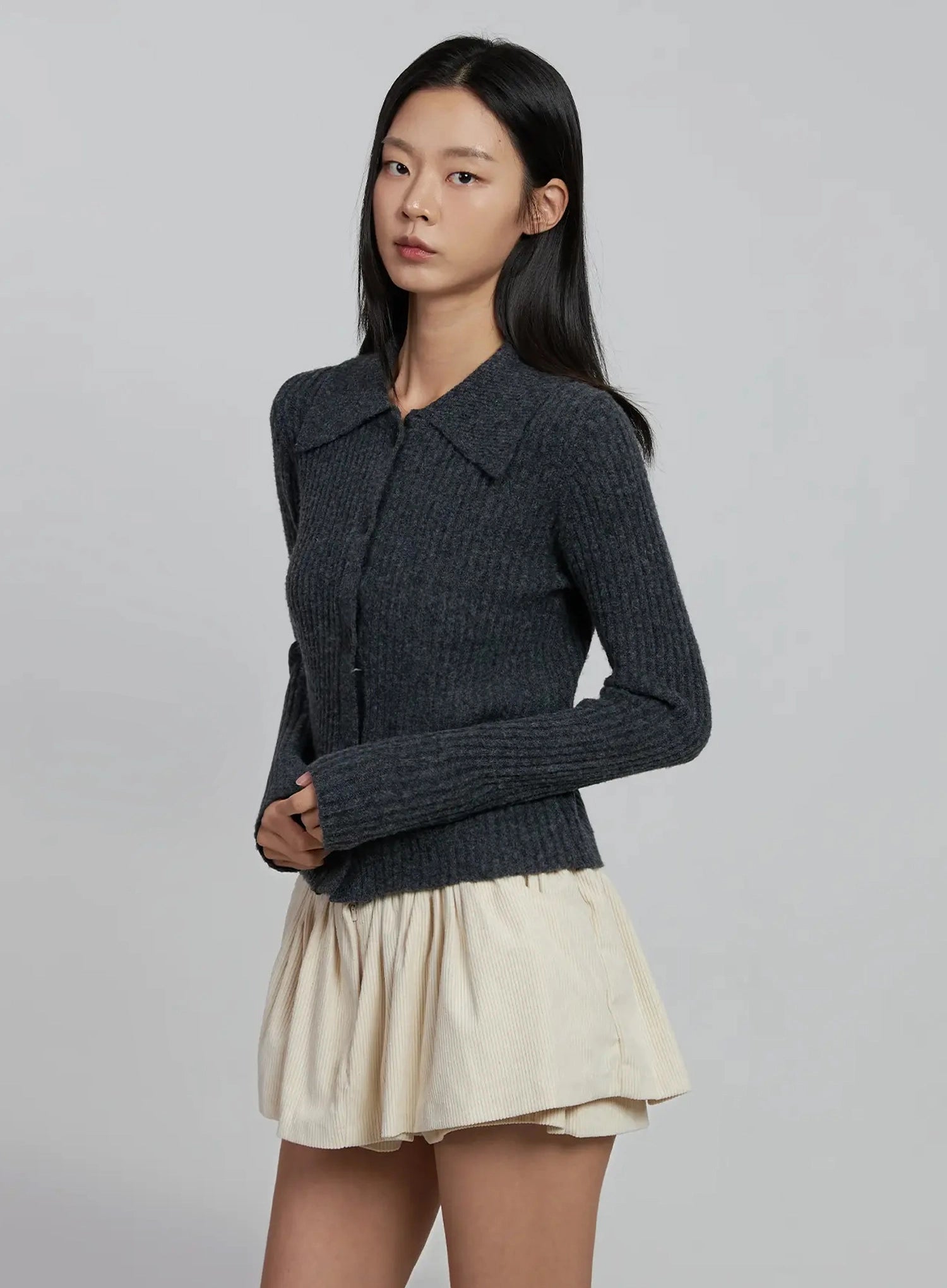 ribbed-knit-button-up-cardigan-im520 / Dark gray