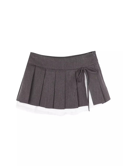 chic-pleated-ribbon-lace-trim-mini-skirt-iu518 / Dark gray