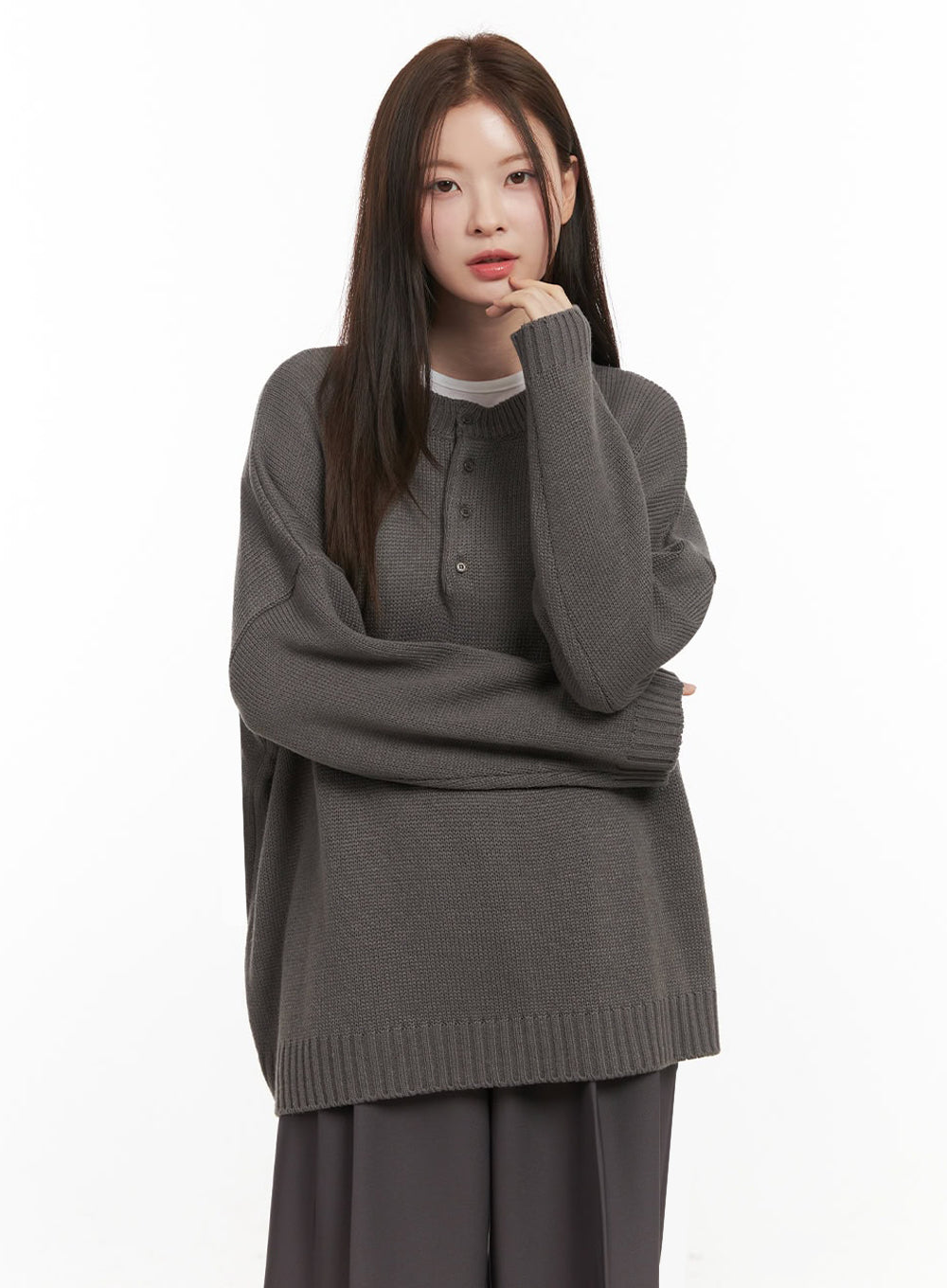 oversized-half-button-sweater-ij527 / Dark gray