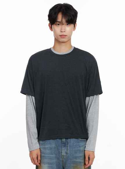 mens-layered-semi-crop-t-shirt-io516 / Dark gray