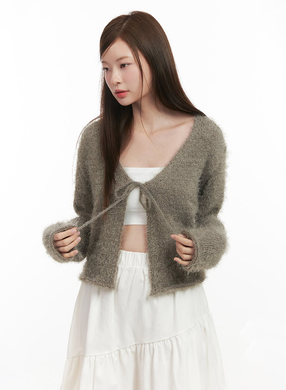 fuzzy-ribbon-tie-cardigan-ij527 / Dark green