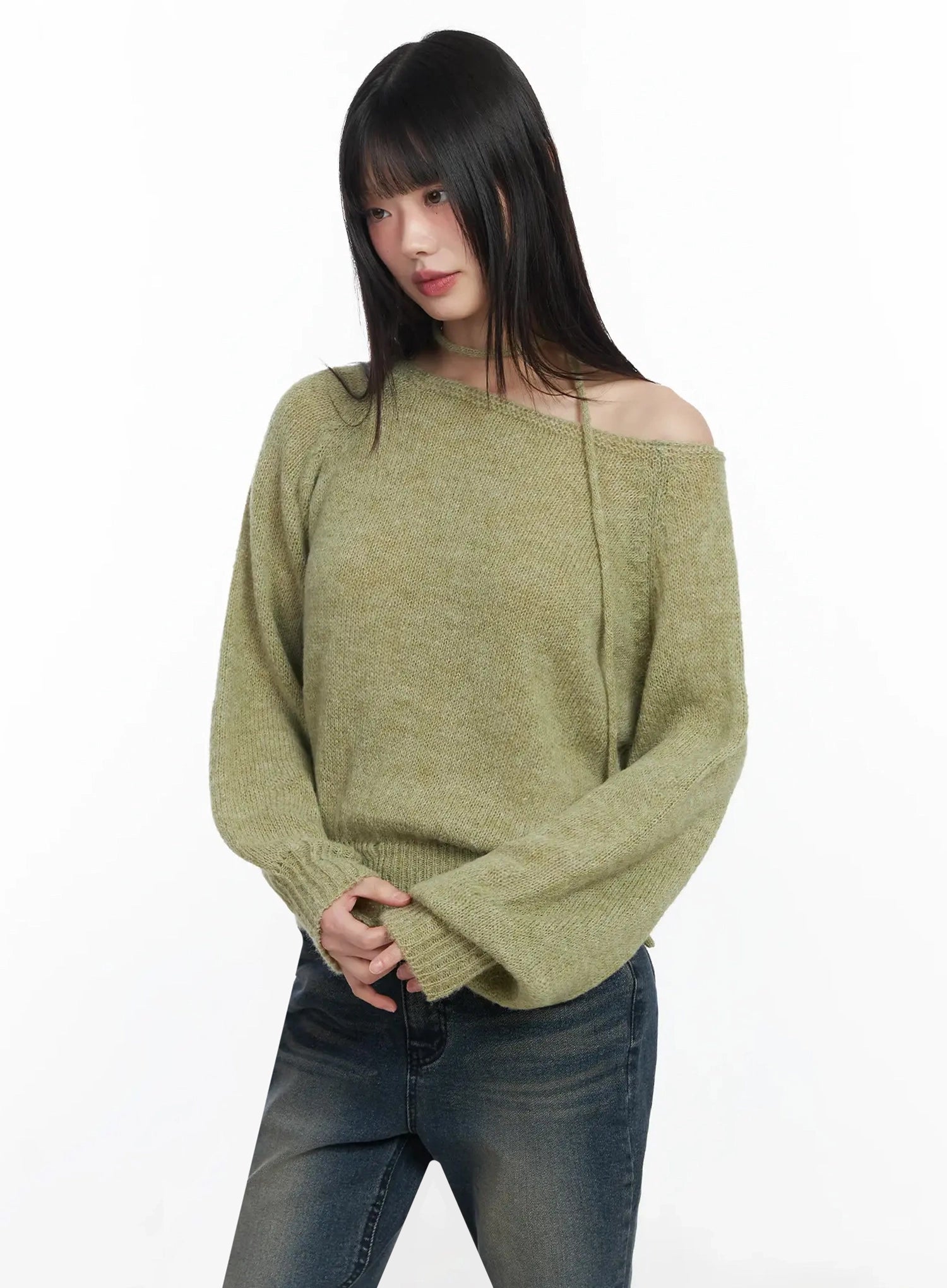 chic-off-shoulder-knit-sweater-and-thin-scarf-set-f517 / Dark green