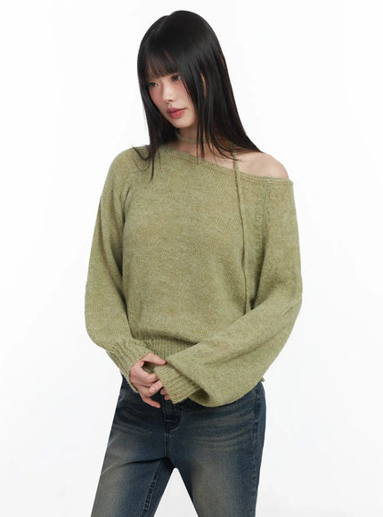 chic-off-shoulder-knit-sweater-and-thin-scarf-set-f517 / Dark green