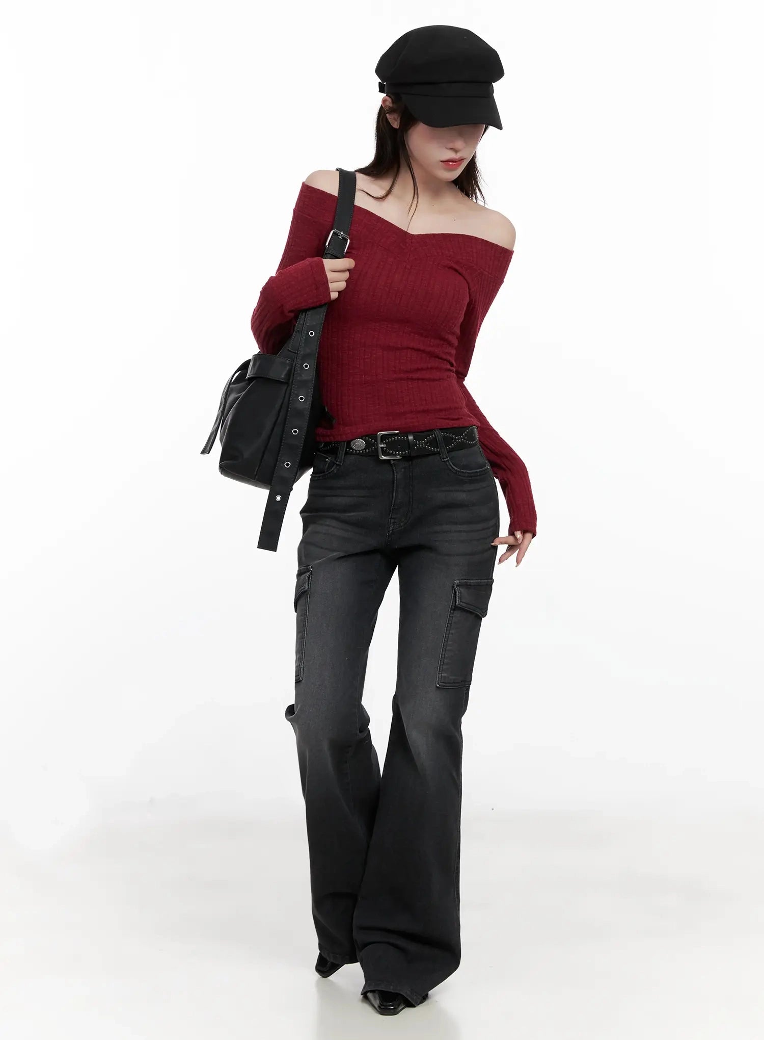 off-shoulder-v-neck-top-in503 / Dark red