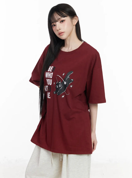 meow-graphic-oversized-tee-iu509 / Dark red