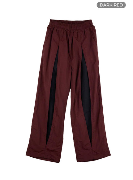 mens-banded-mixed-color-nylon-wide-pants-is413 / Dark red