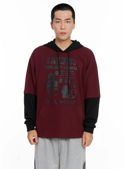 mens-layered-graphic-hoodie-shirt-ig529 / Dark red