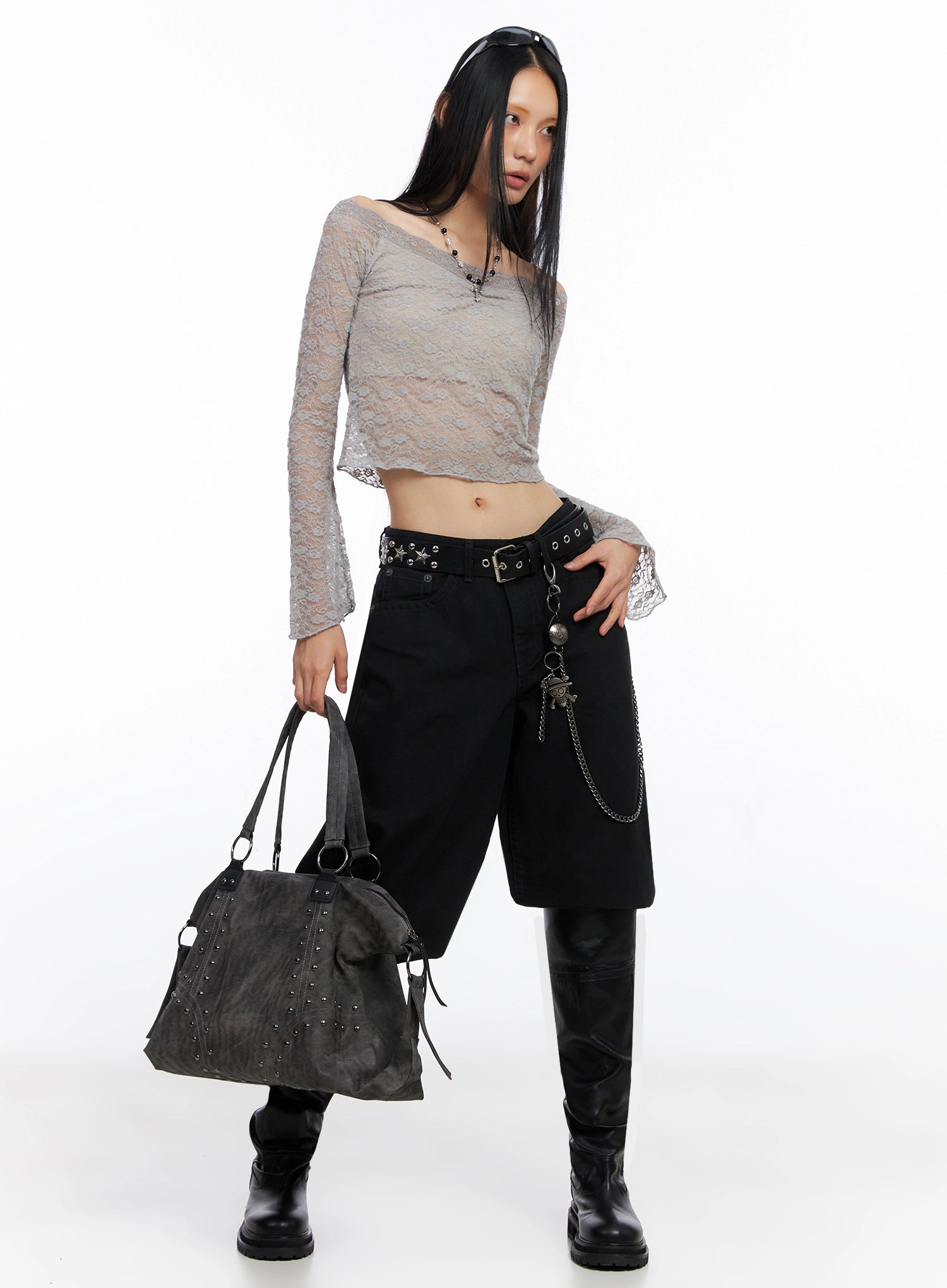 off-shoulder-lace-crop-top-co516 / Gray